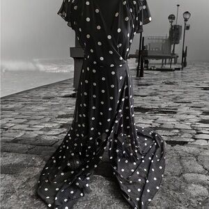 New York & Company Black and White Wrap Around Flutter Sleeve Maxi Sundress